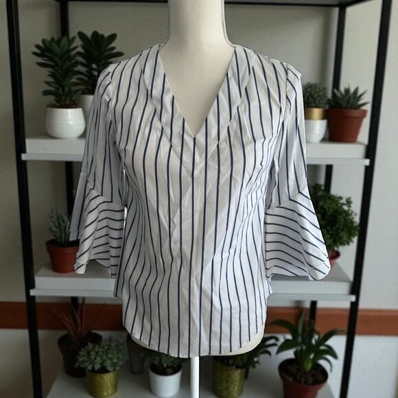 WHITE HOUSE BLACK MARKET WHBM Blue White Striped Shirt Blouse Size 0 - Picture 1 of 7